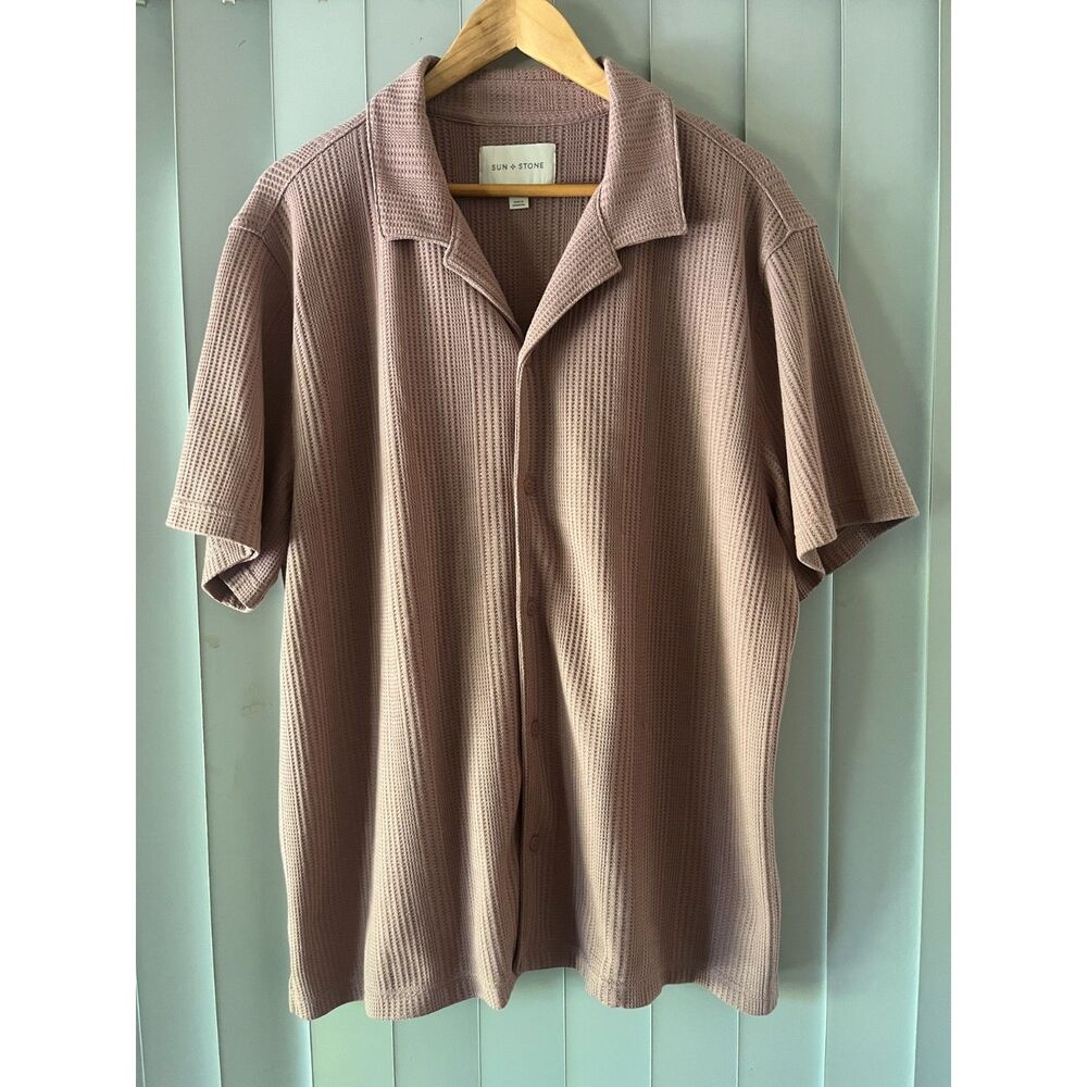Sun + Stone Men's XL Waffle Knit Short Sleeve Button-Up Shirt – Mauve